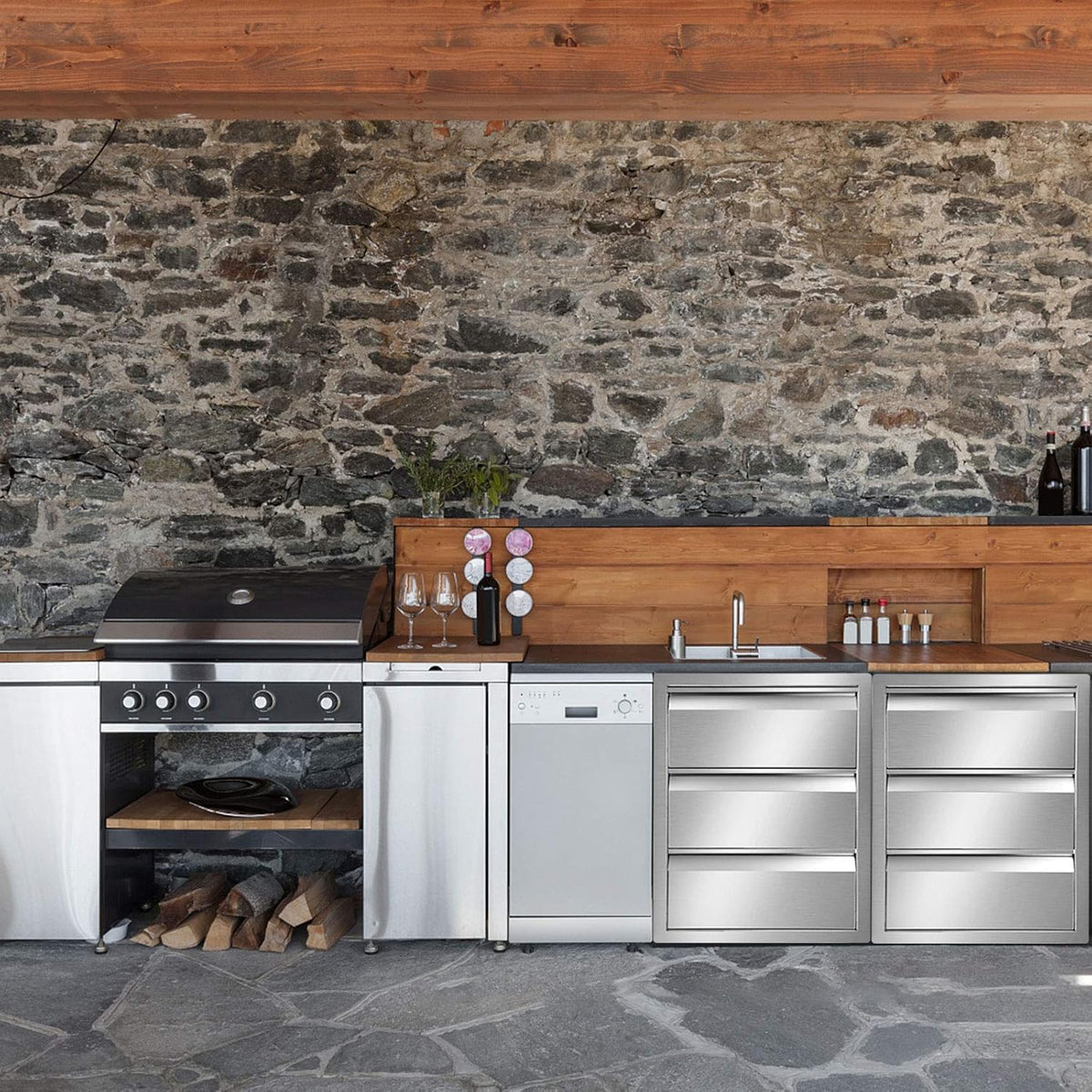Stainless Steel Double Access BBQ Drawers Box Frame Style Flush Mount Outdoor Kitchen Storage Double Drawers P943906