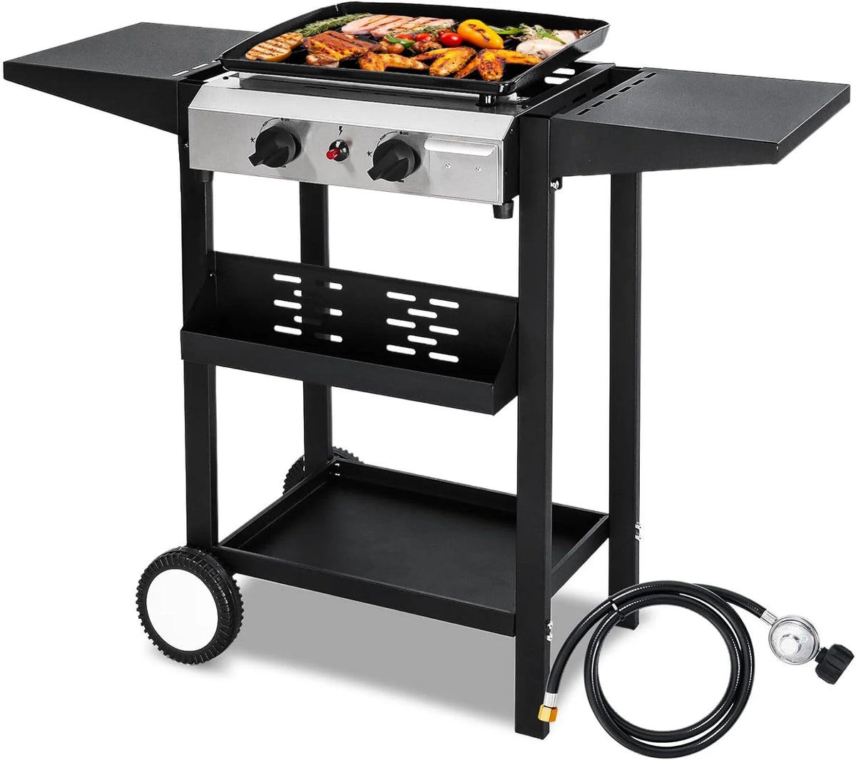 4 Burner Portable Propane Griddle with Electronic Ignition, 20000 BTU Flat Top Gas Grill with Nonstick Enameled Tray Q827