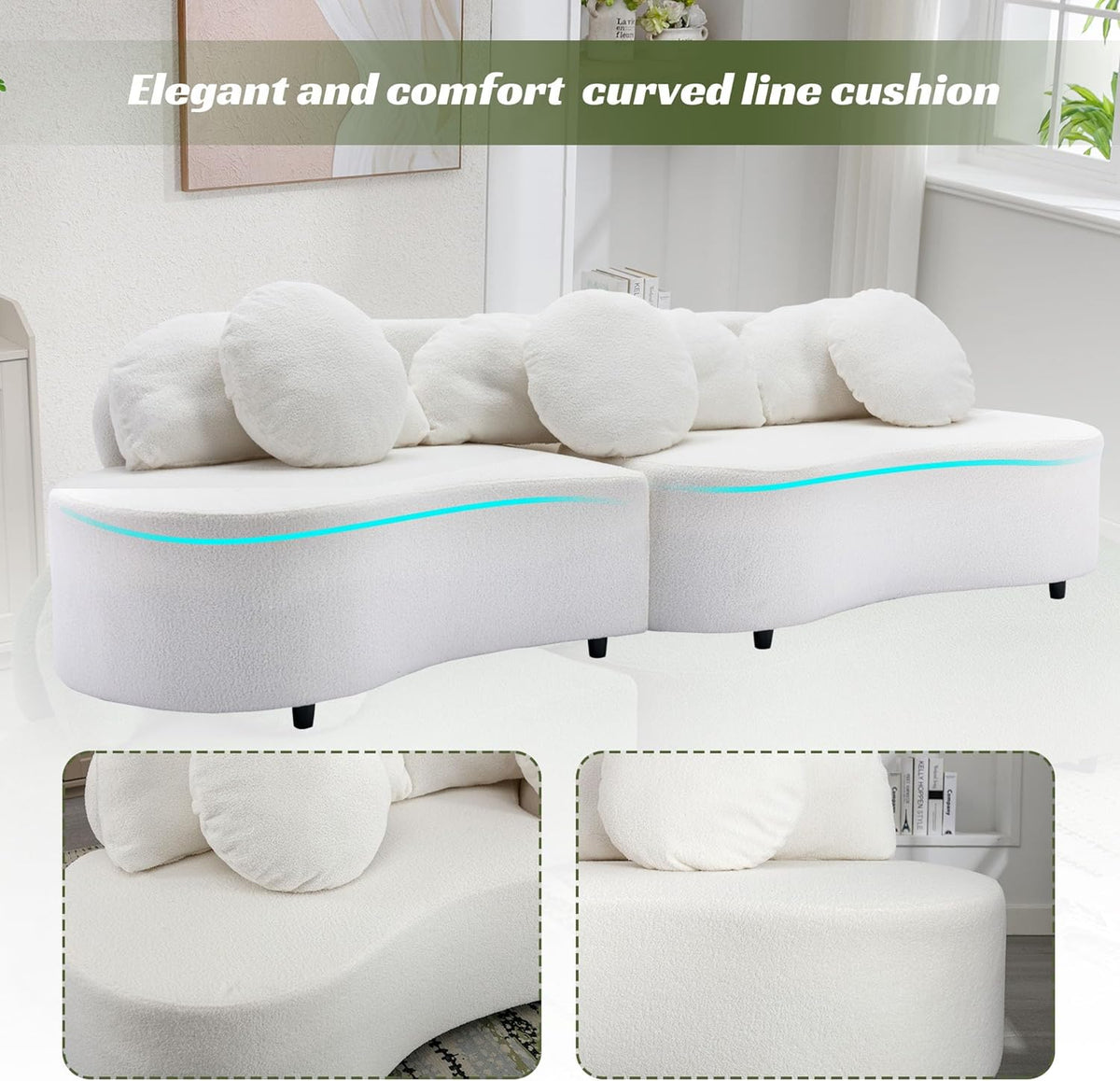 Curved Upholstered Sofa with 3 Pillows L39072
