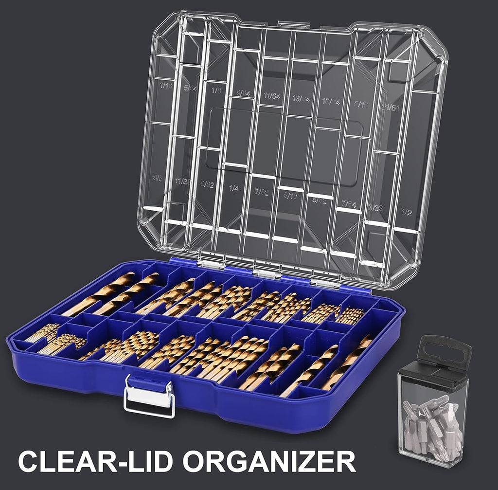 276 Piece Titanium Twist Drill Bit Set with S2 Bits, High Speed Steel D906