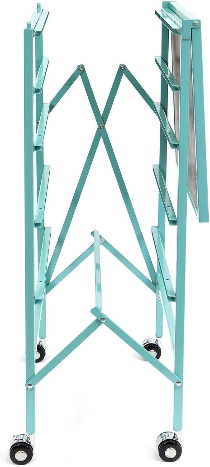 Turquoise Wheeled Folding Steel 5 Drawer Kitchen Cart Wood Top Y5684