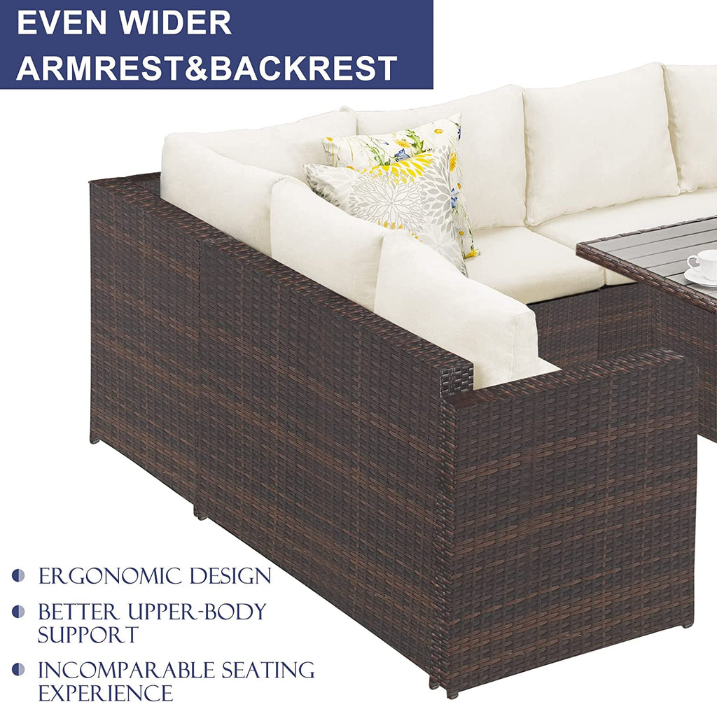 Ivory 7 Piece Outdoor Wicker Dining Sectional Sofa with Ottoman J9621