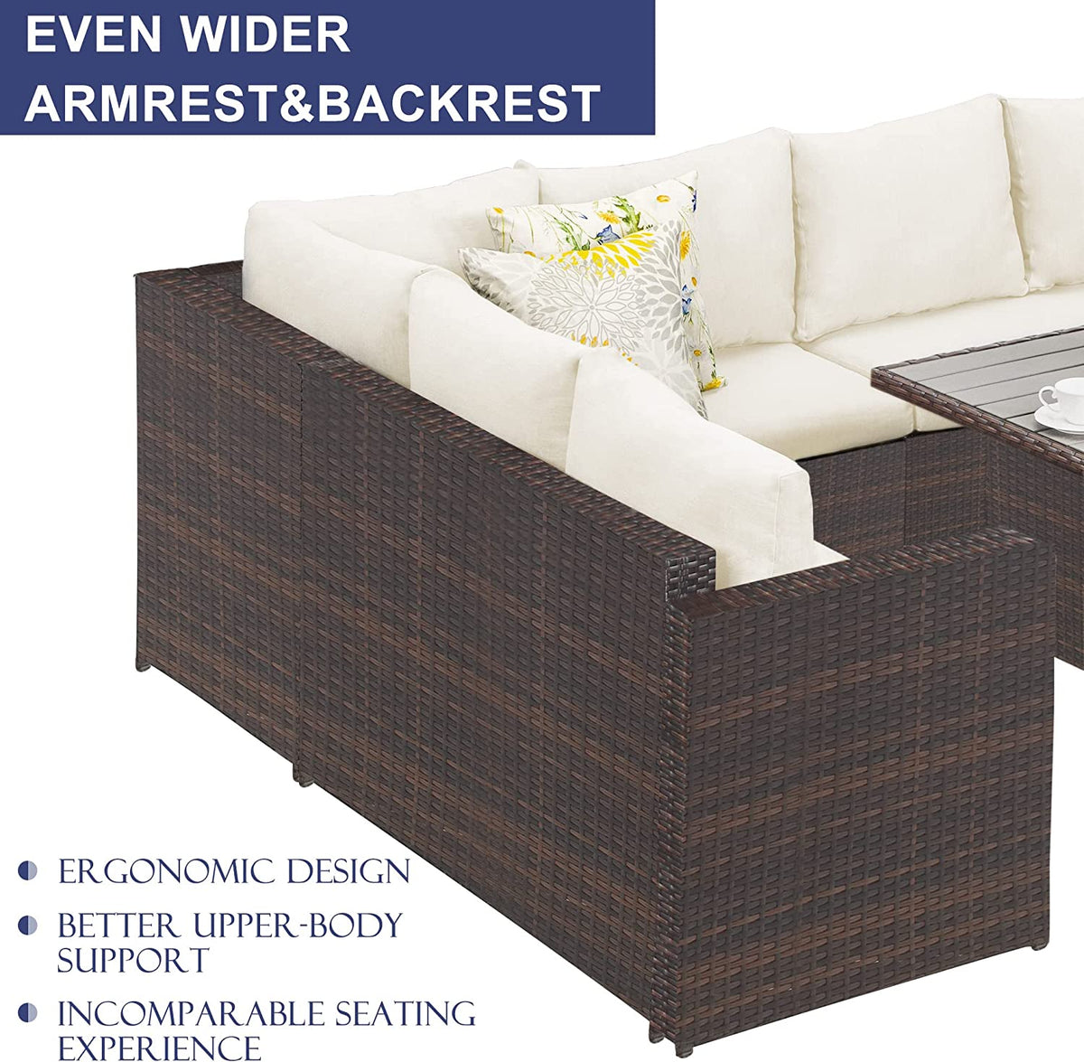 Ivory 7 Piece Outdoor Wicker Dining Sectional Sofa with Ottoman J9621