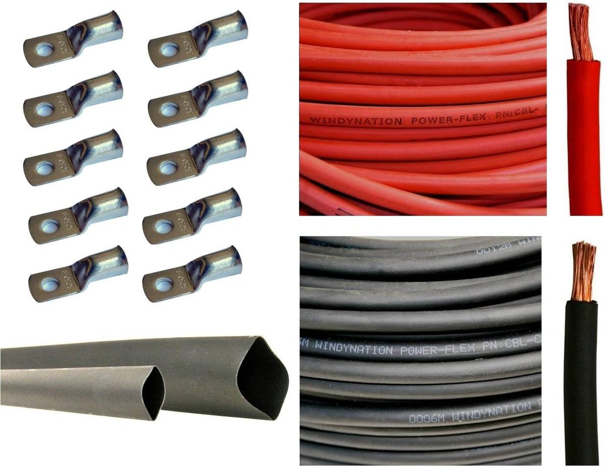 2 Gauge 5 Feet Red + 5 Feet Black Pure Copper Flexible Cable with 10pcs 3/8 Tinned Copper Lug Terminals and 3 Feet Heat Shrink Tubing Q8477