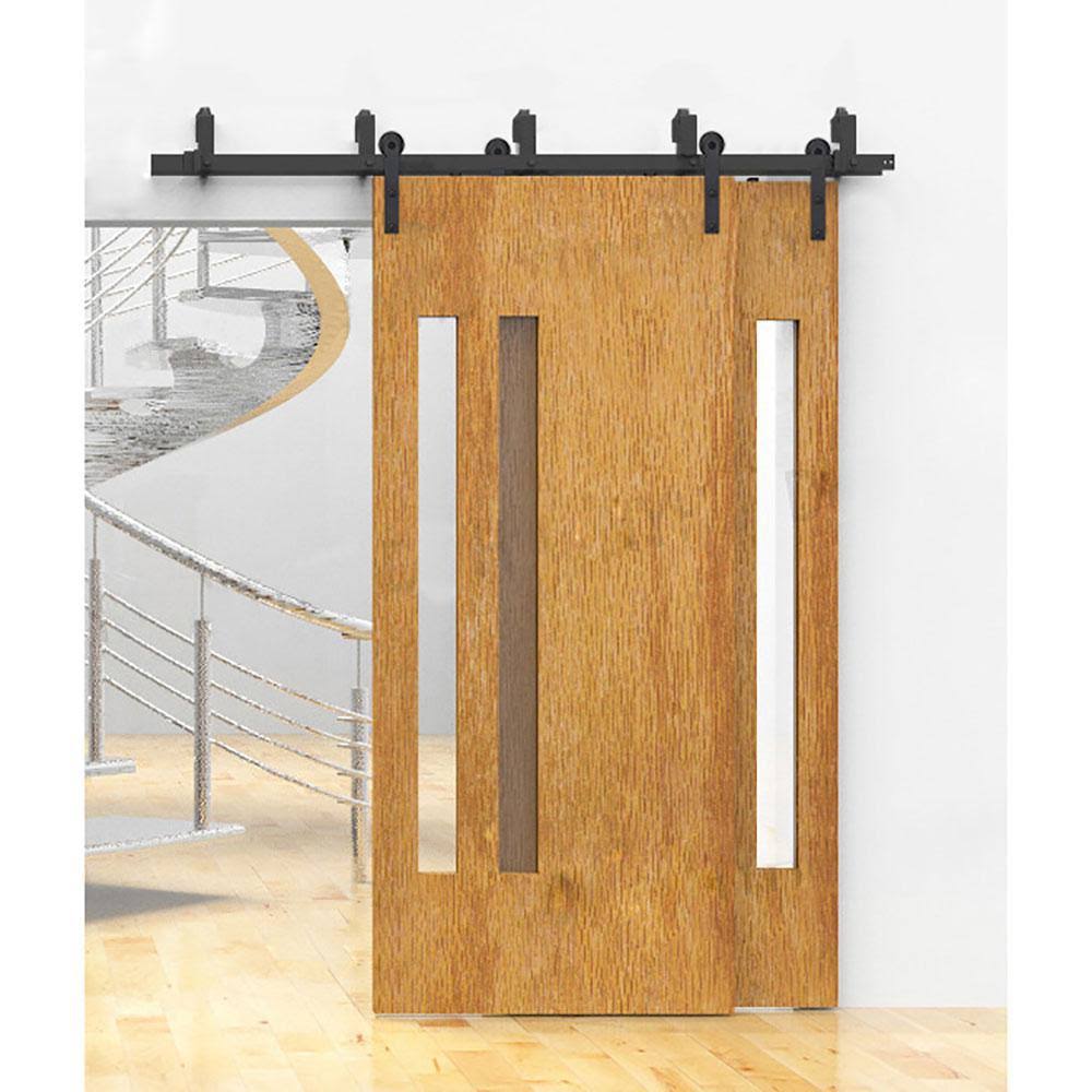 Black Bypass Sliding Barn Hardware Track Kit for Double Wood Doors T430021
